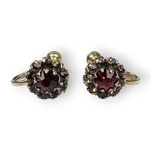 Vintage Flower Sterling Earrings Red Rhinestone Screwback Gold Plated 925 Silver